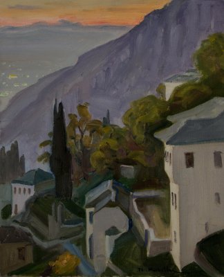 Makrinitsa, Dusk, Lights of Volos — Oil painting, Canvas, 38.00×46.00cm — Theodoros Markellos